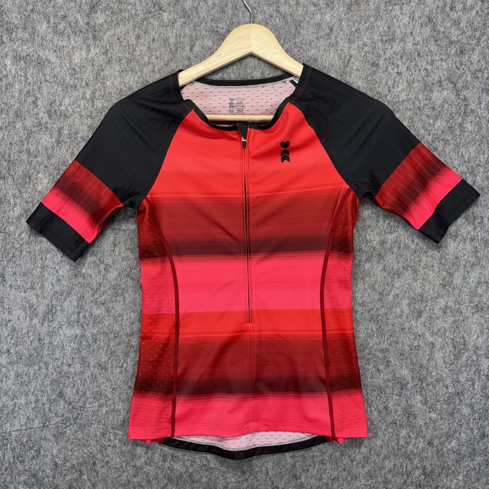 COEUR‎ Triathlon Short Sleeve Top Women's Small Red Run Cycle Swim Pockets Zip